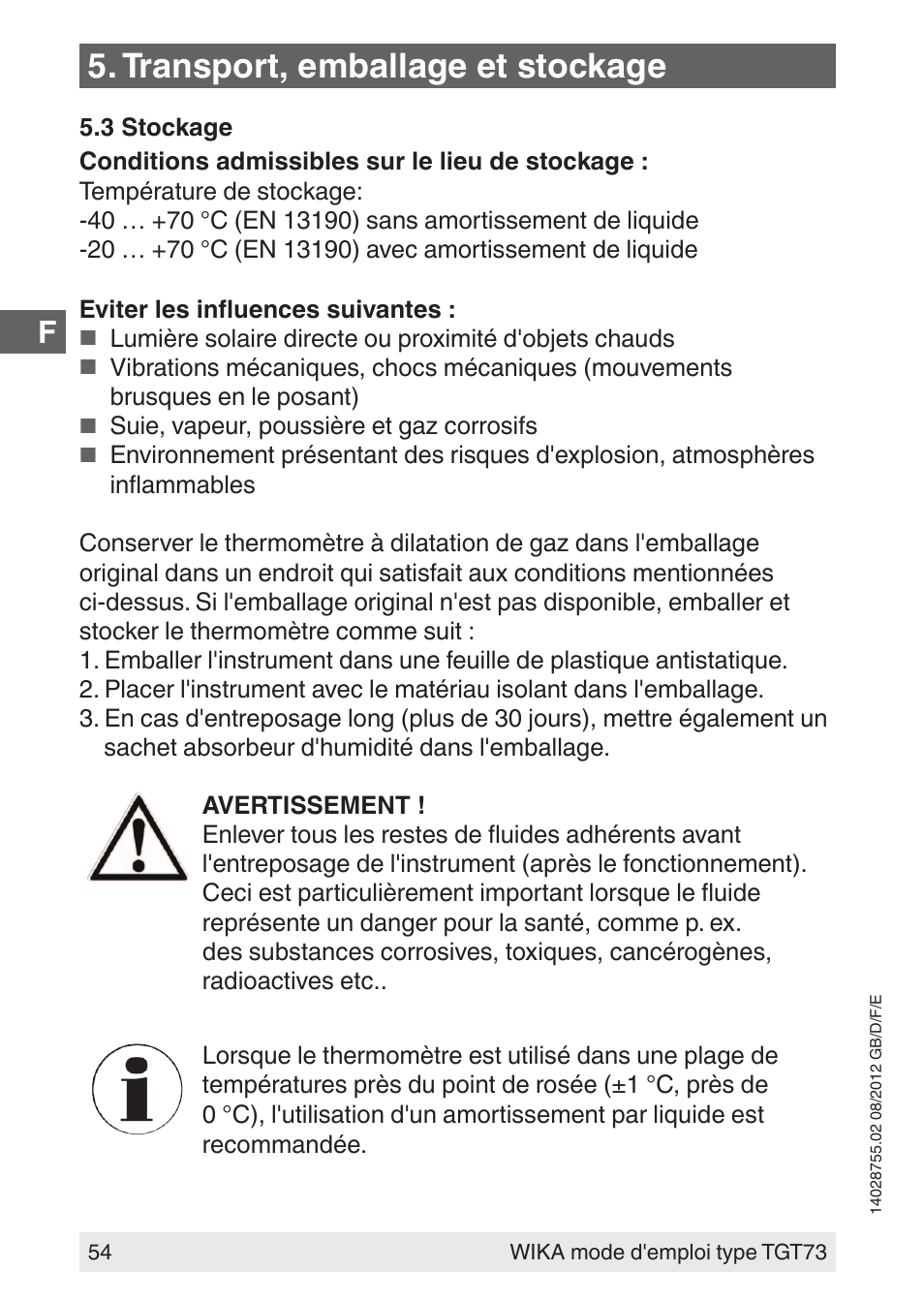 Transport, emballage et stockage | WIKA TGT73 User Manual | Page 54 / 88