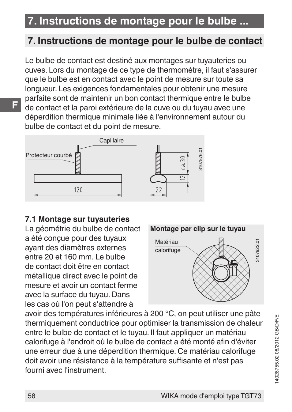 Instructions de montage pour le bulbe, Instructions de montage pour le bulbe de contact | WIKA TGT73 User Manual | Page 58 / 88