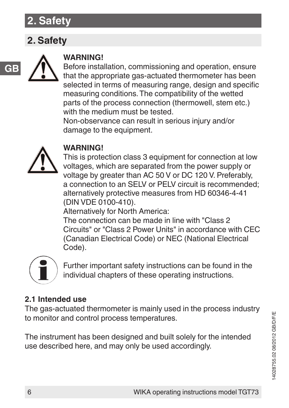 Safety | WIKA TGT73 User Manual | Page 6 / 88