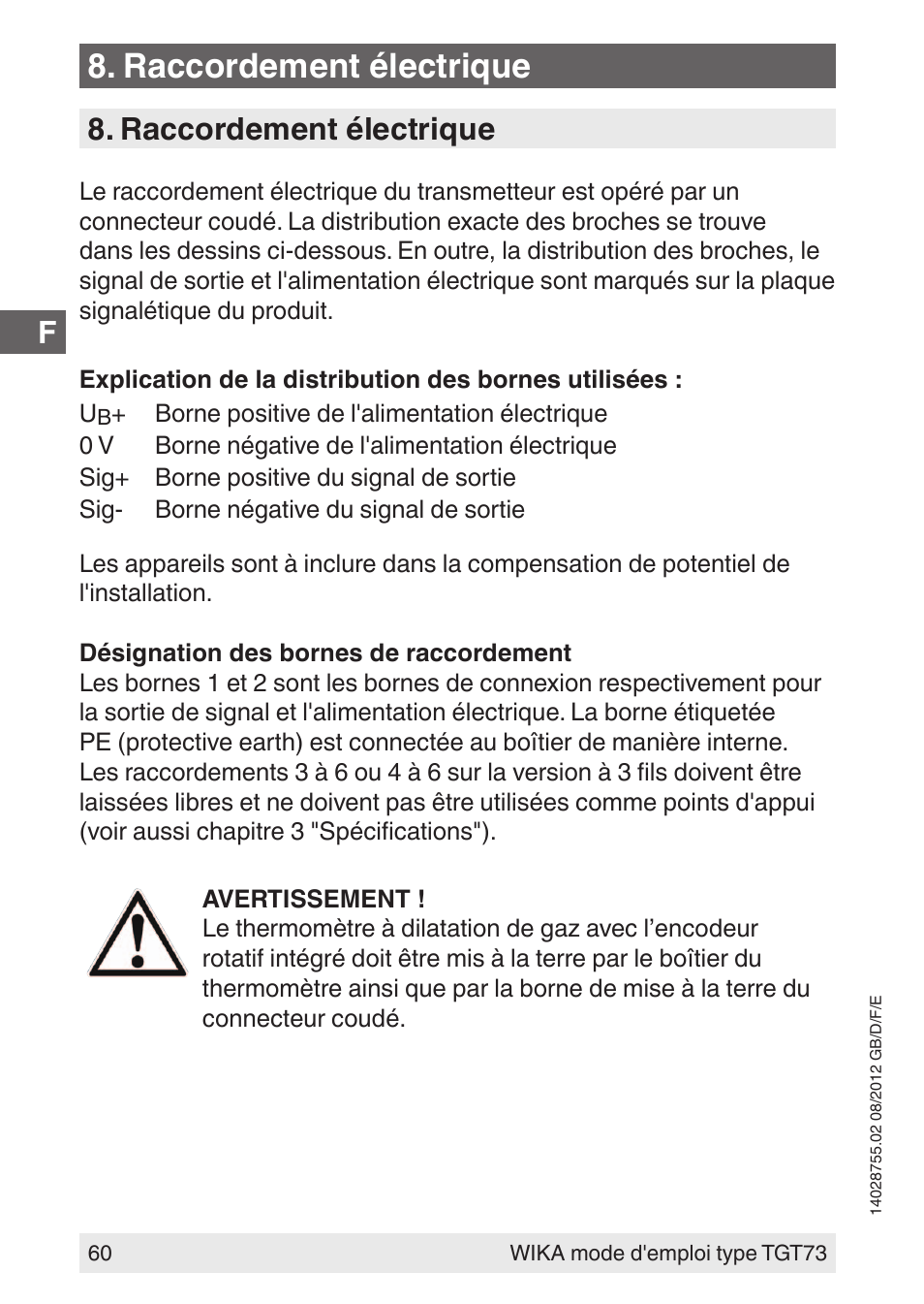 Raccordement électrique | WIKA TGT73 User Manual | Page 60 / 88