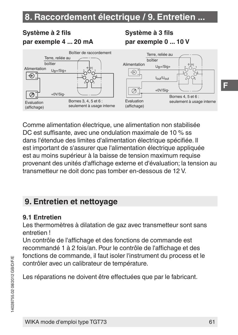 Raccordement électrique / 9. entretien, Entretien et nettoyage | WIKA TGT73 User Manual | Page 61 / 88