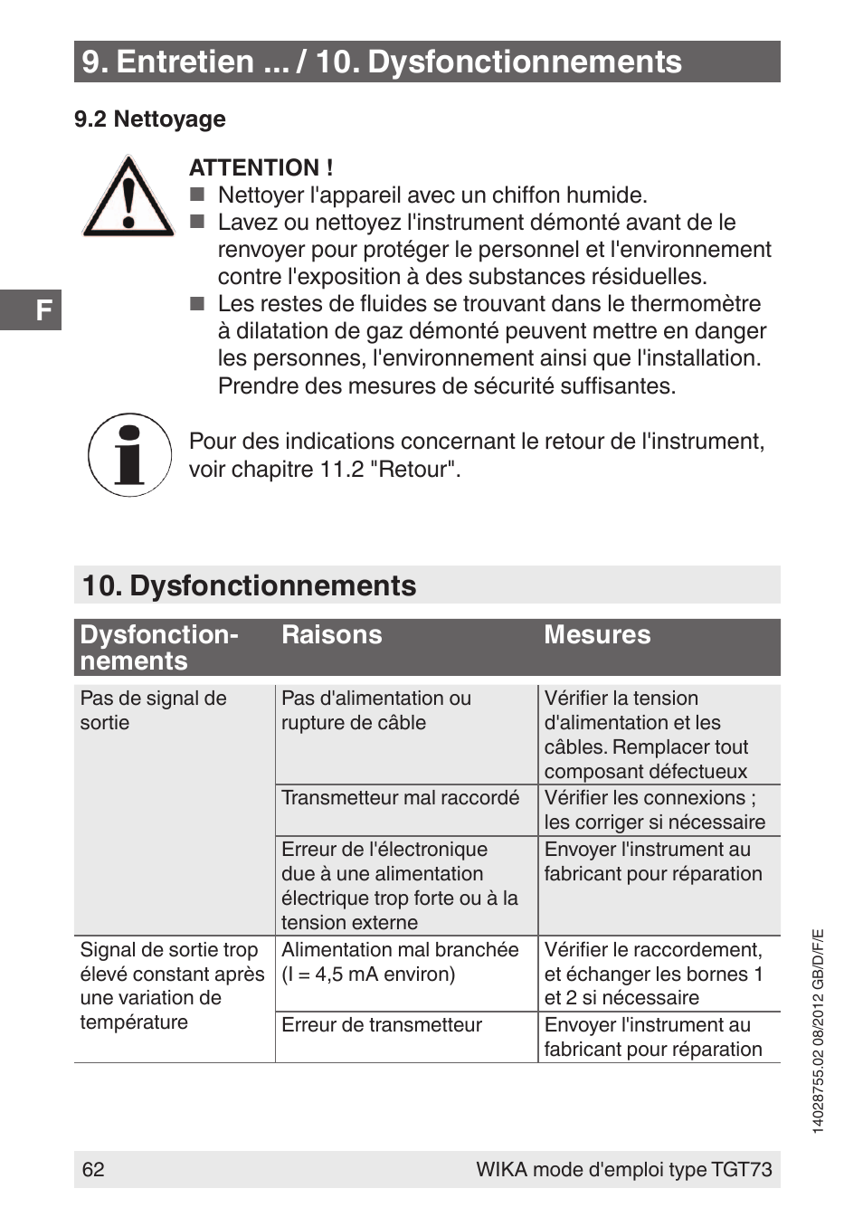 Entretien ... / 10. dysfonctionnements, Dysfonctionnements, Dysfonction- nements raisons mesures | WIKA TGT73 User Manual | Page 62 / 88