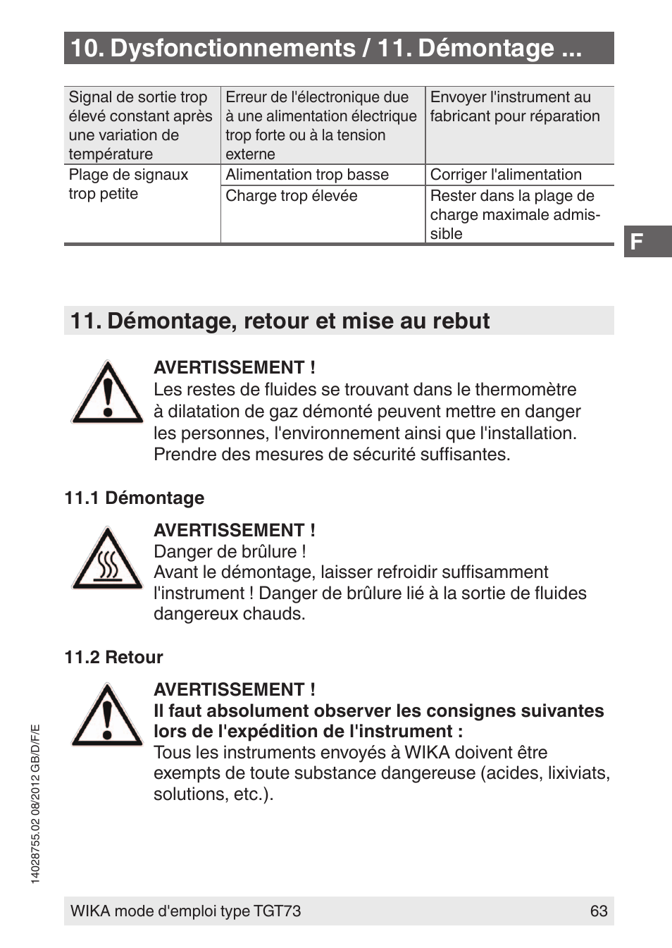 Dysfonctionnements / 11. démontage, Démontage, retour et mise au rebut | WIKA TGT73 User Manual | Page 63 / 88