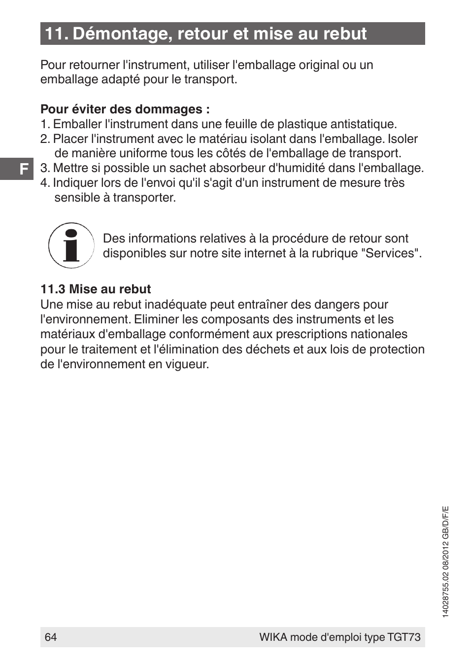 Démontage, retour et mise au rebut | WIKA TGT73 User Manual | Page 64 / 88