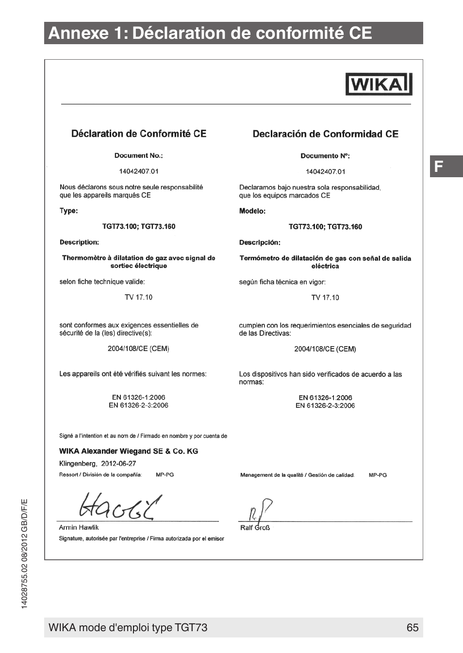 Annexe 1: déclaration de conformité ce | WIKA TGT73 User Manual | Page 65 / 88