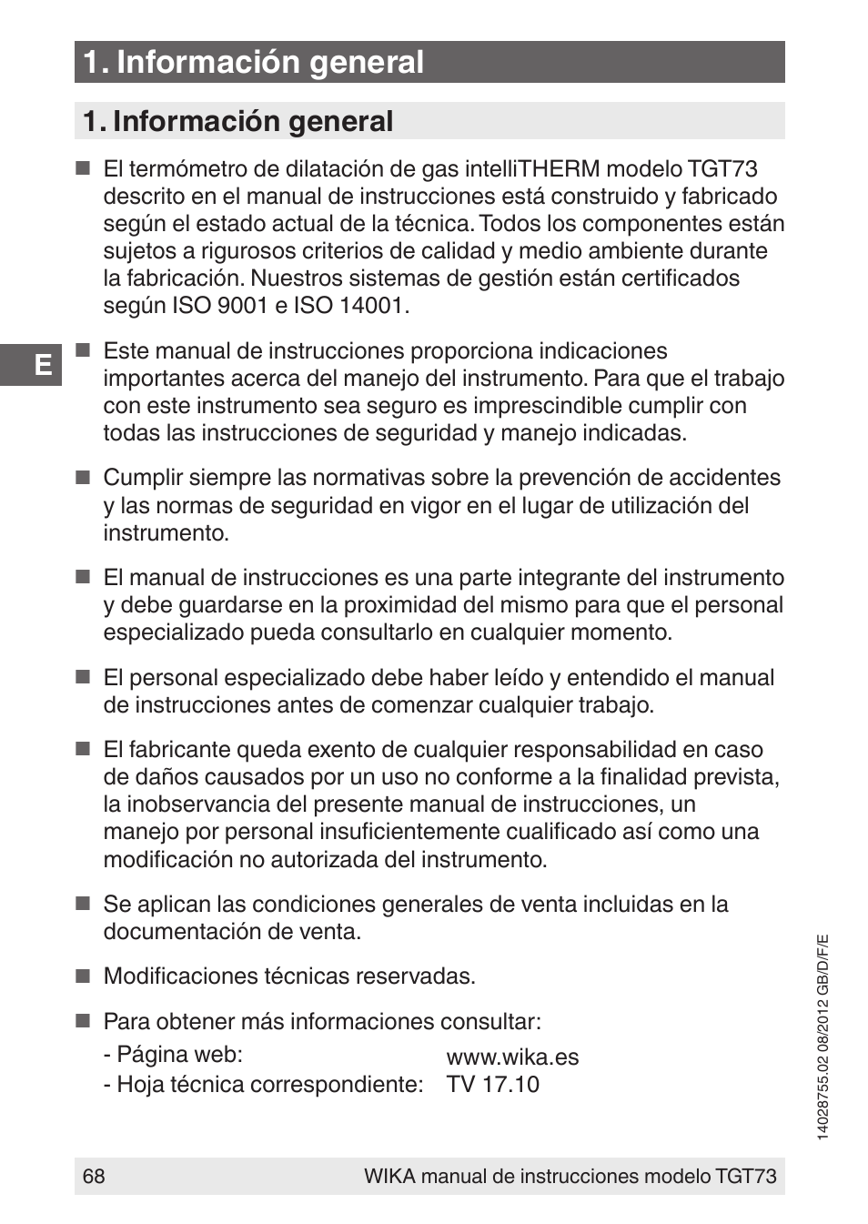 Información general | WIKA TGT73 User Manual | Page 68 / 88