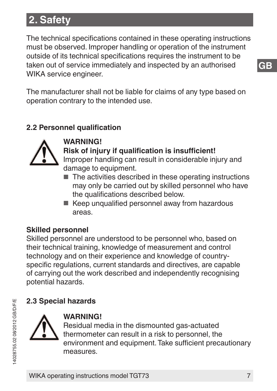 Safety | WIKA TGT73 User Manual | Page 7 / 88