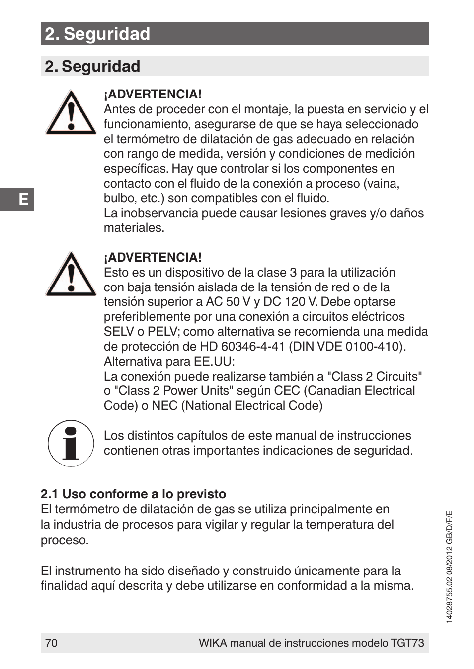 Seguridad | WIKA TGT73 User Manual | Page 70 / 88
