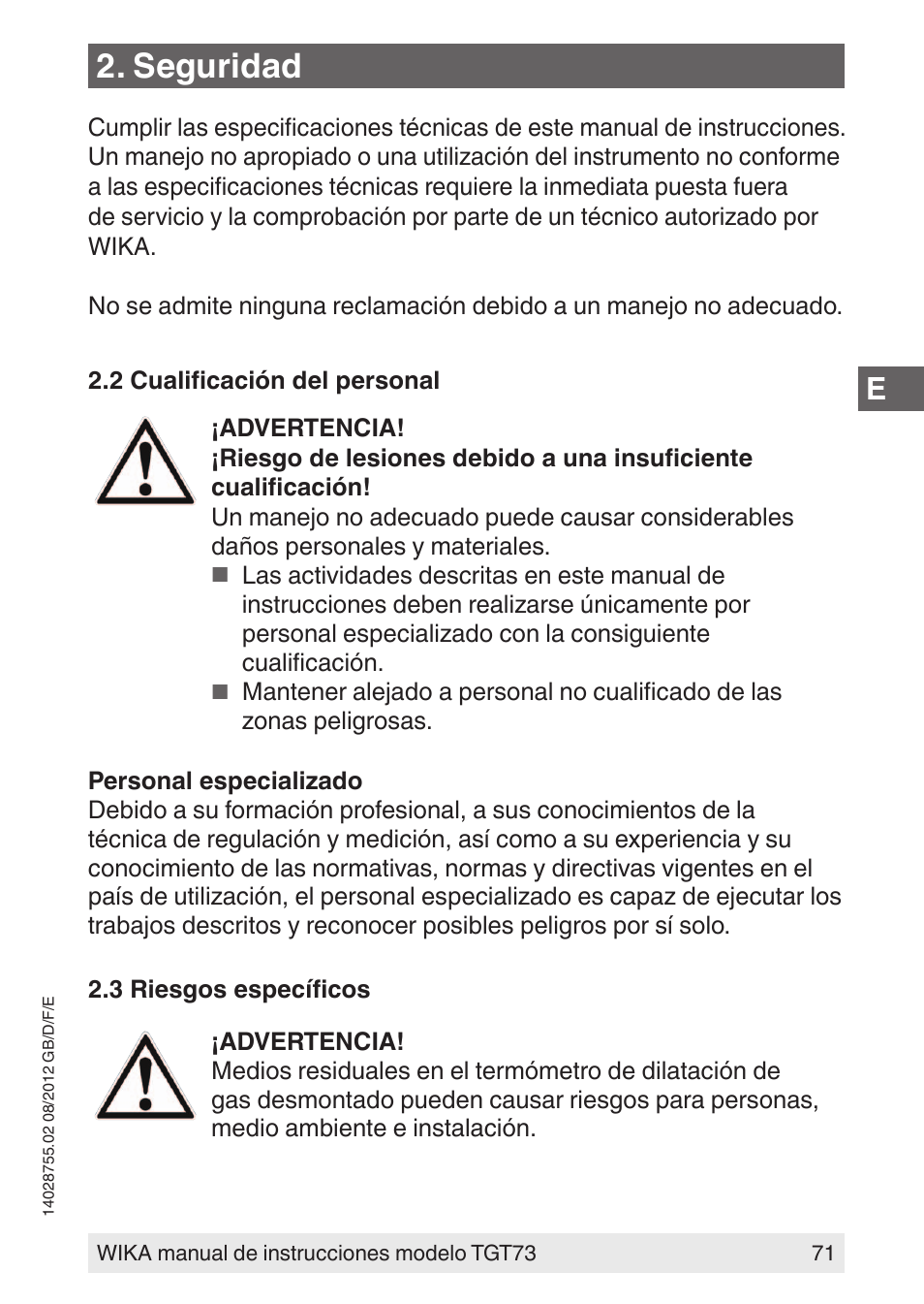 Seguridad | WIKA TGT73 User Manual | Page 71 / 88