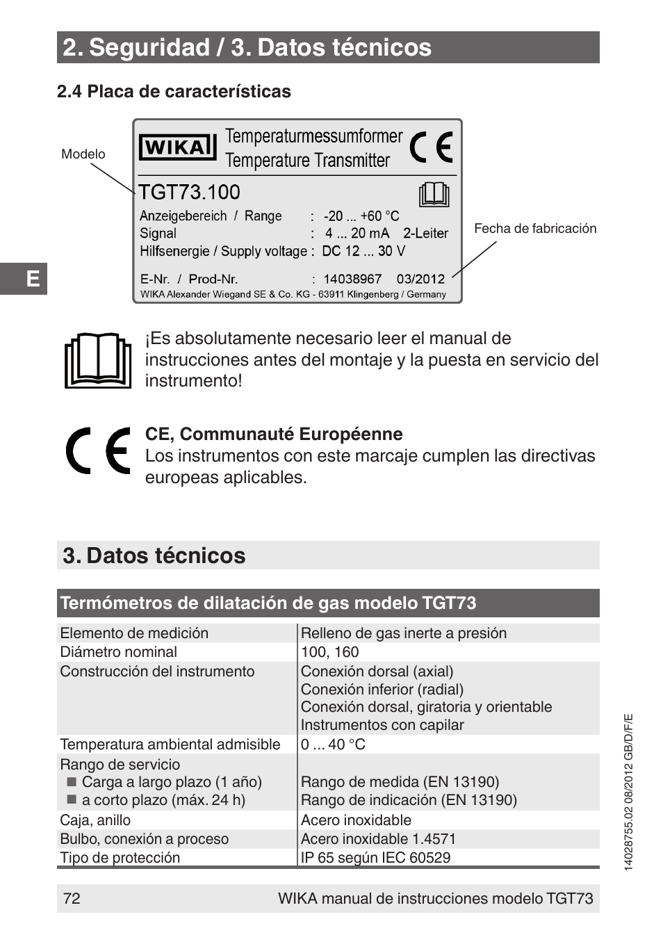 Seguridad / 3. datos técnicos, Datos técnicos | WIKA TGT73 User Manual | Page 72 / 88