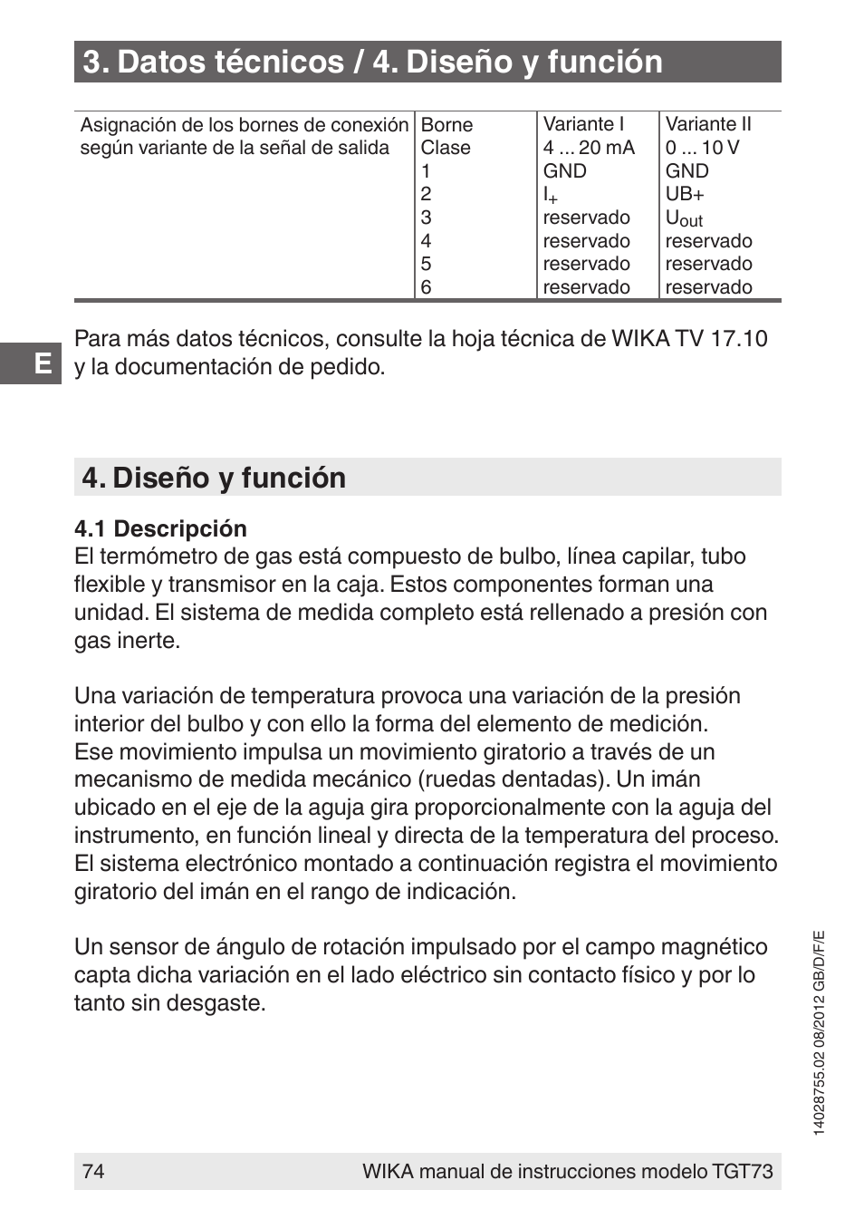 Datos técnicos / 4. diseño y función, Diseño y función | WIKA TGT73 User Manual | Page 74 / 88