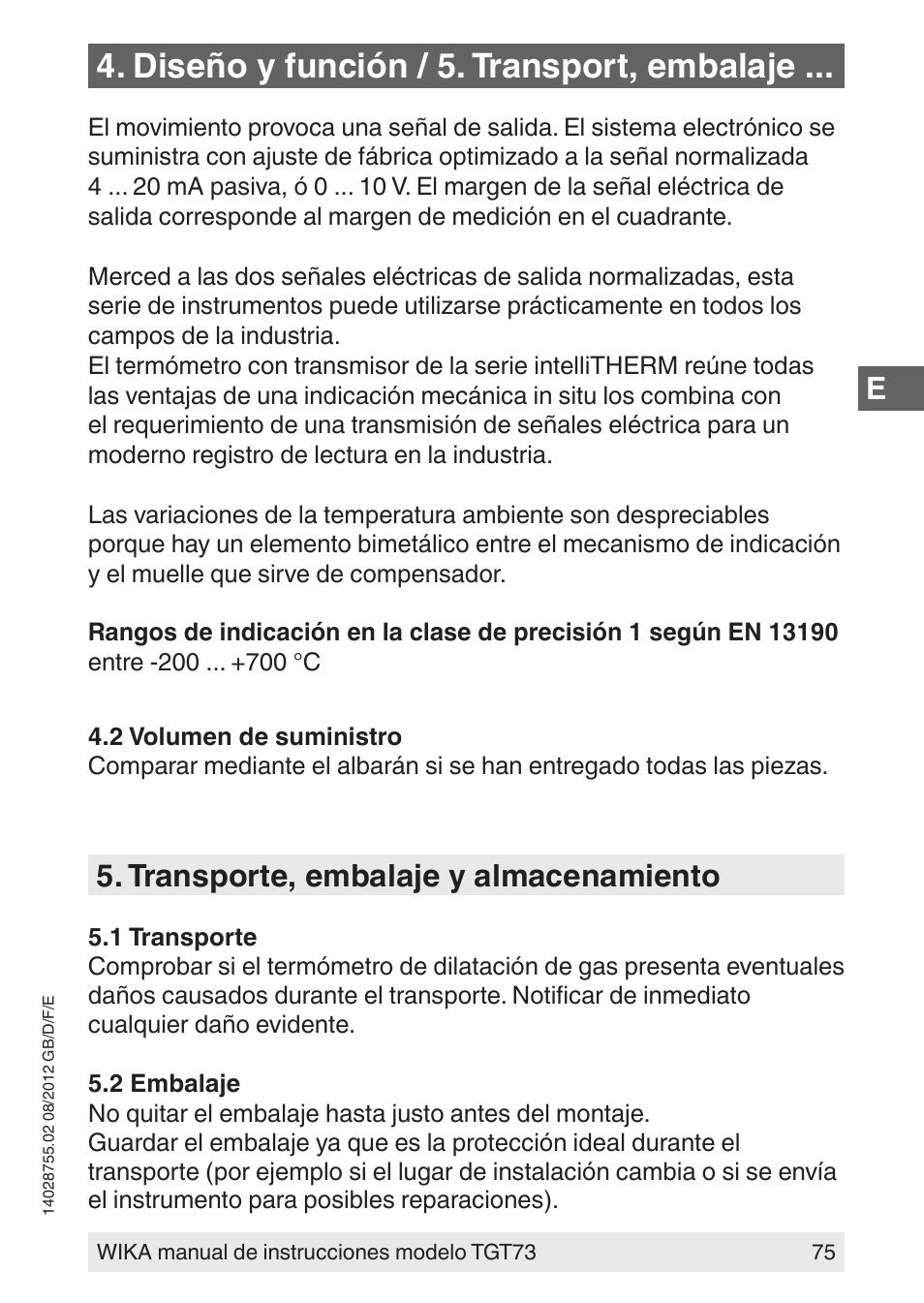 Diseño y función / 5. transport, embalaje, Transporte, embalaje y almacenamiento | WIKA TGT73 User Manual | Page 75 / 88