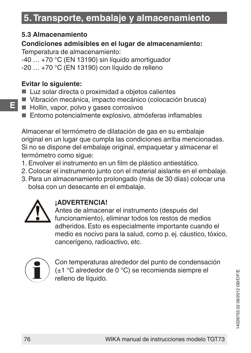 Transporte, embalaje y almacenamiento | WIKA TGT73 User Manual | Page 76 / 88