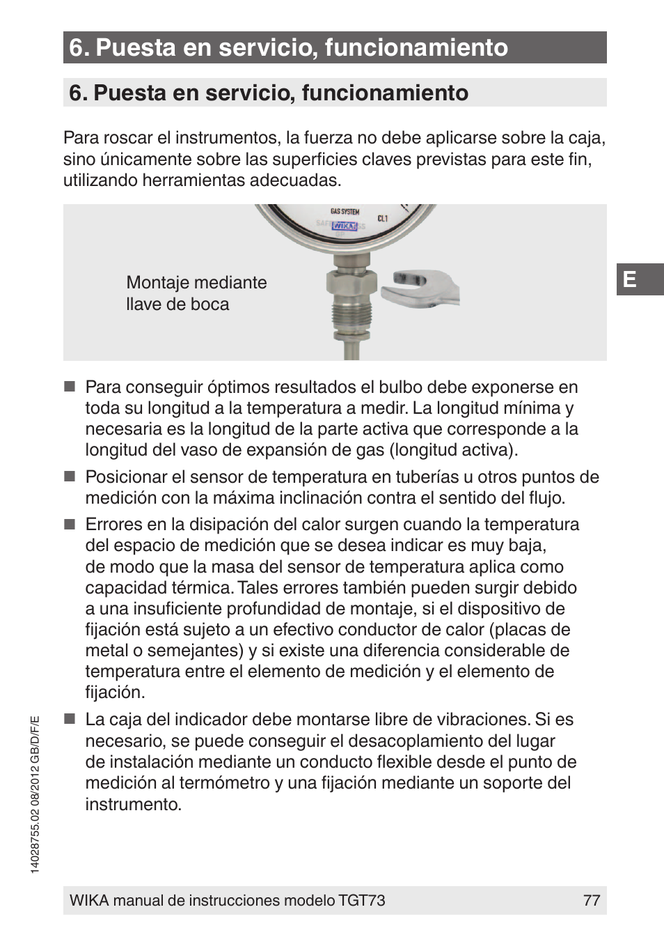 Puesta en servicio, funcionamiento | WIKA TGT73 User Manual | Page 77 / 88