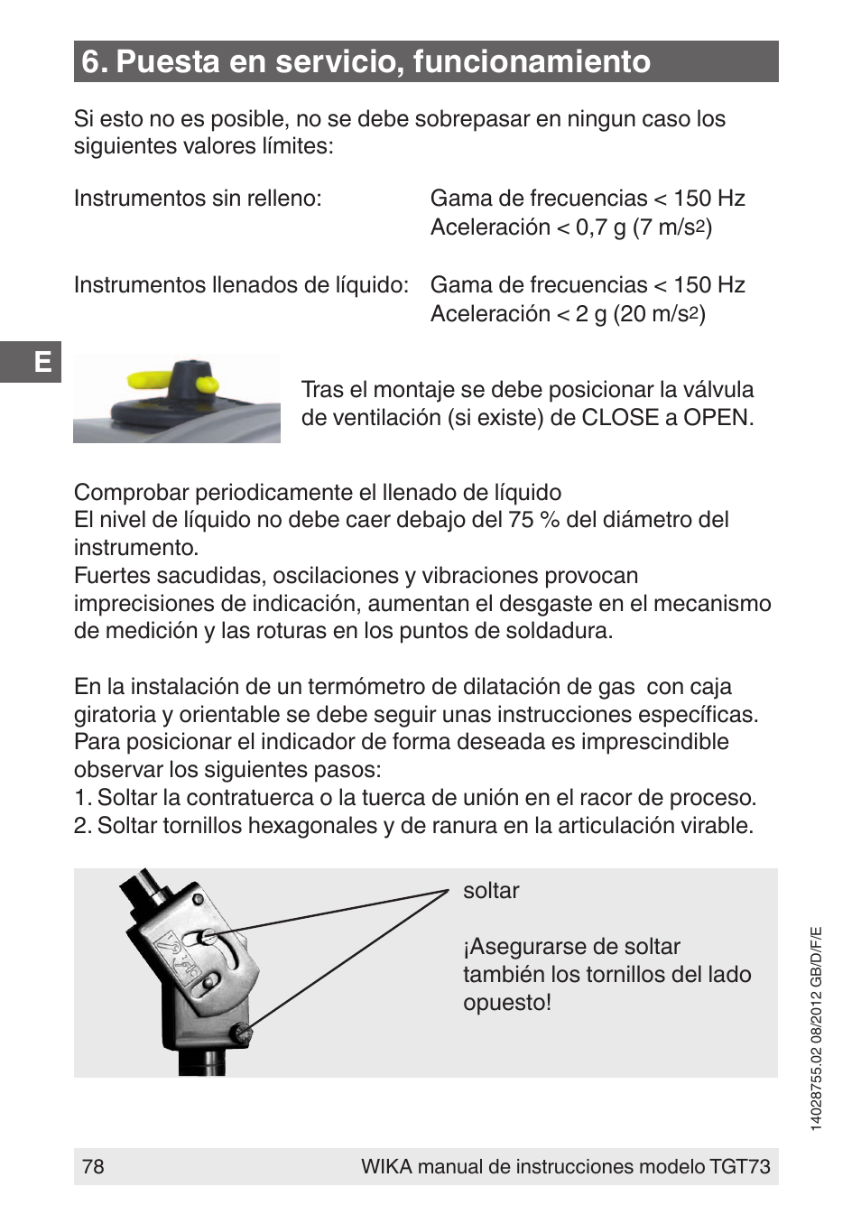 Puesta en servicio, funcionamiento | WIKA TGT73 User Manual | Page 78 / 88