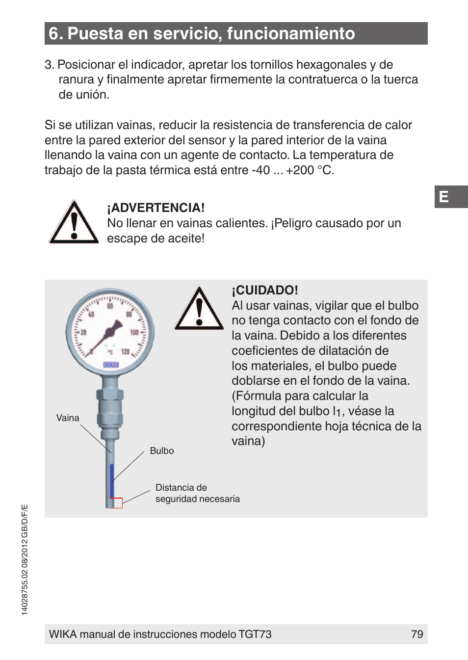 Puesta en servicio, funcionamiento | WIKA TGT73 User Manual | Page 79 / 88