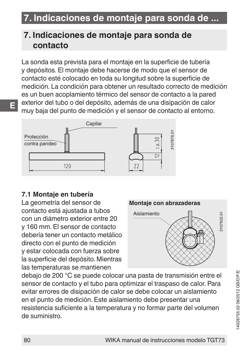 Indicaciones de montaje para sonda de, Indicaciones de montaje para sonda de contacto | WIKA TGT73 User Manual | Page 80 / 88
