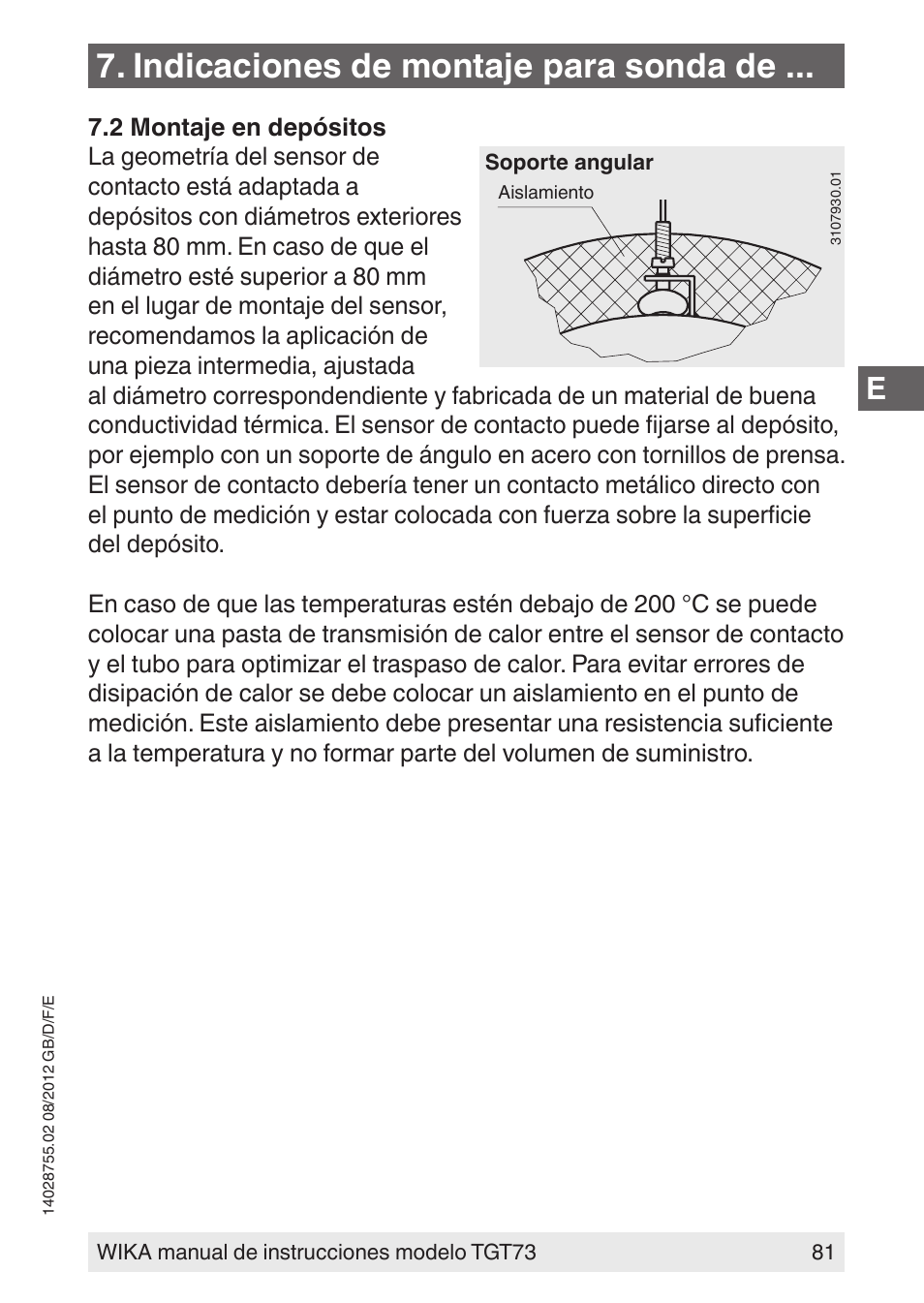 Indicaciones de montaje para sonda de | WIKA TGT73 User Manual | Page 81 / 88