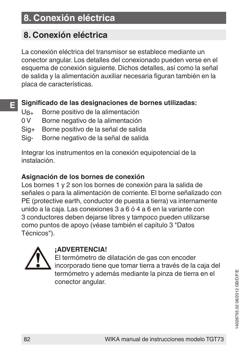 Conexión eléctrica | WIKA TGT73 User Manual | Page 82 / 88