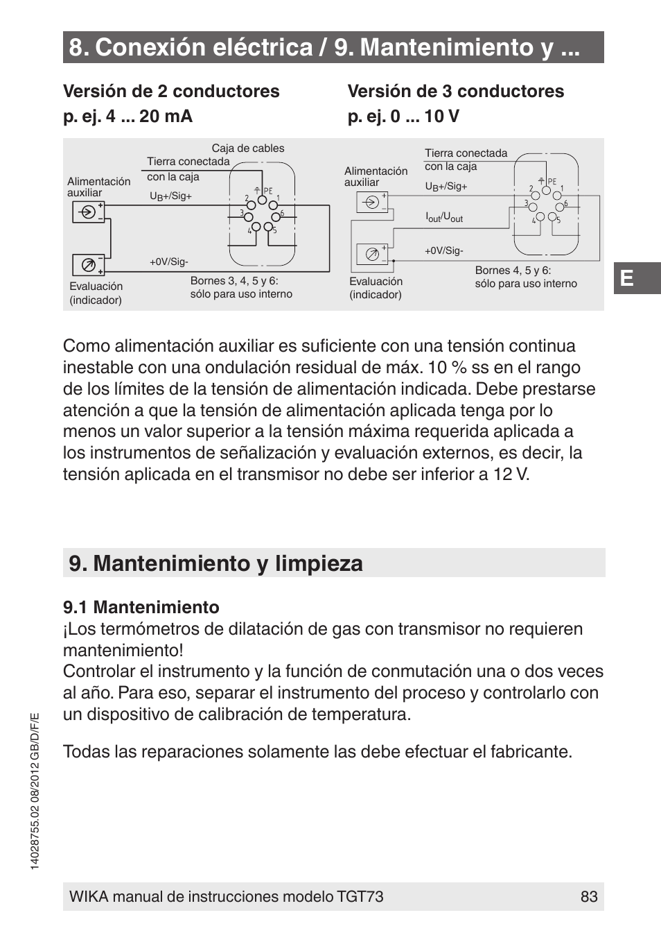 Conexión eléctrica / 9. mantenimiento y, Mantenimiento y limpieza | WIKA TGT73 User Manual | Page 83 / 88