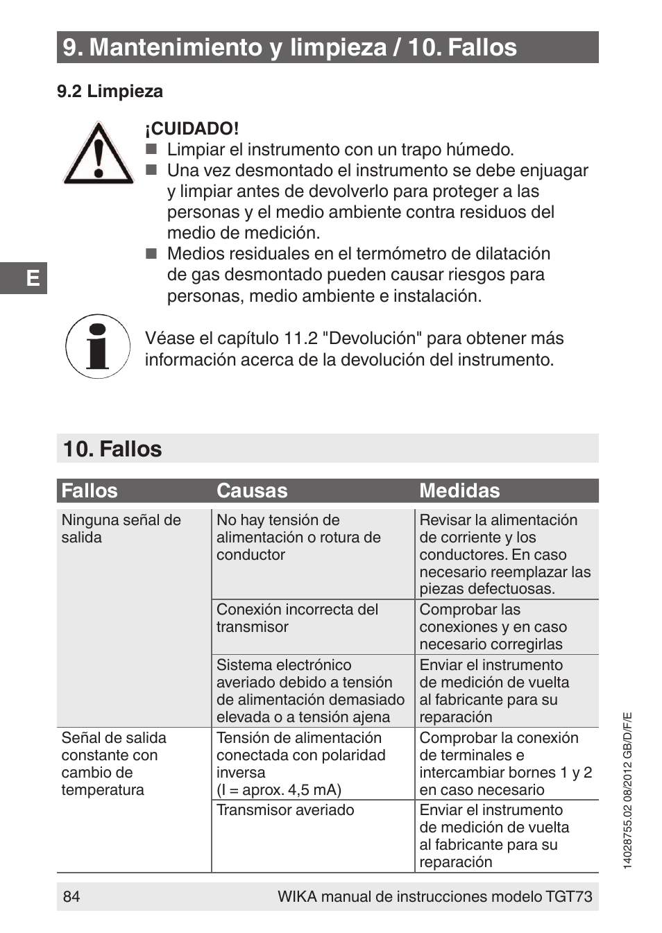 Mantenimiento y limpieza / 10. fallos, Fallos, Fallos causas medidas | WIKA TGT73 User Manual | Page 84 / 88