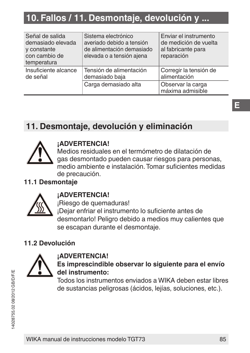 Fallos / 11. desmontaje, devolución y, Desmontaje, devolución y eliminación | WIKA TGT73 User Manual | Page 85 / 88