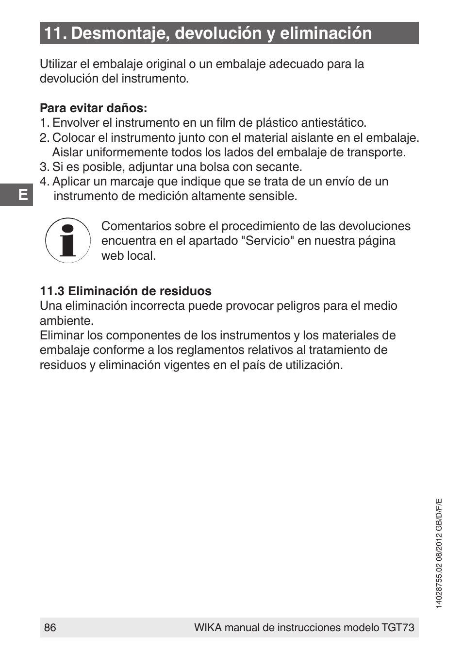 Desmontaje, devolución y eliminación | WIKA TGT73 User Manual | Page 86 / 88