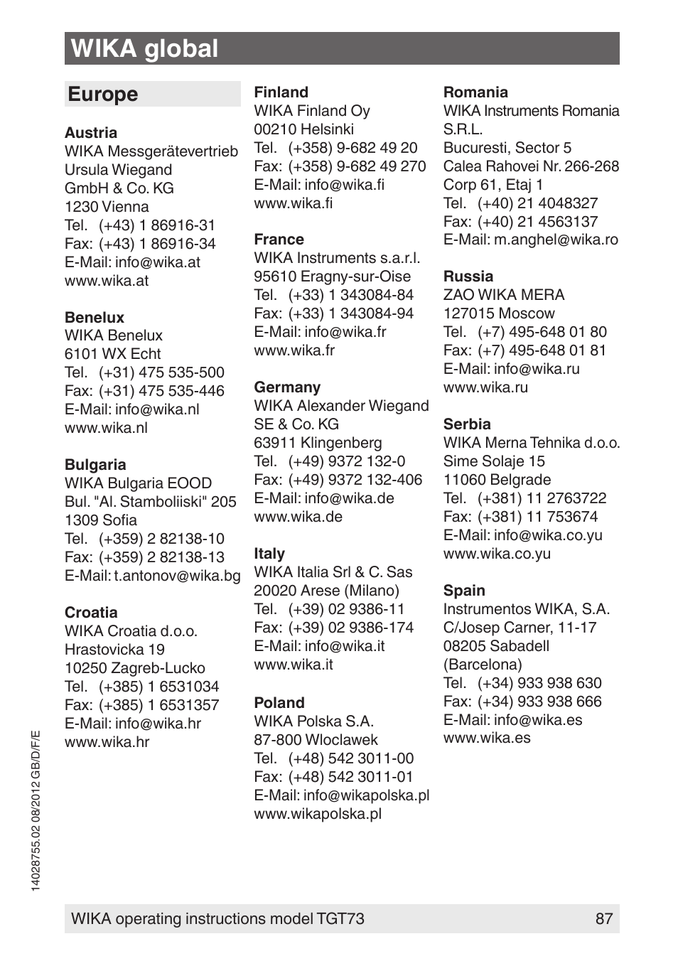 Wika global, Europe | WIKA TGT73 User Manual | Page 87 / 88