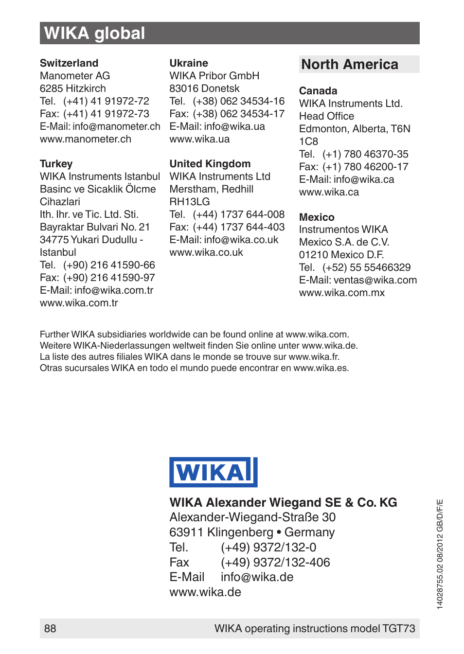 Wika global, North america | WIKA TGT73 User Manual | Page 88 / 88