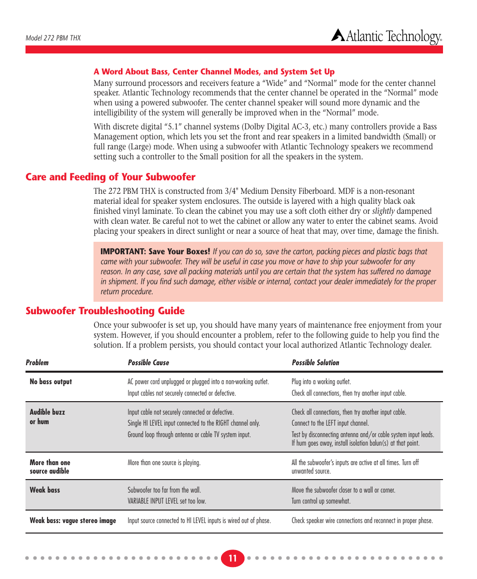 Atlantic technology, Care and feeding of your subwoofer, Subwoofer troubleshooting guide | Atlantic Technology 272 PBM THX User Manual | Page 11 / 12