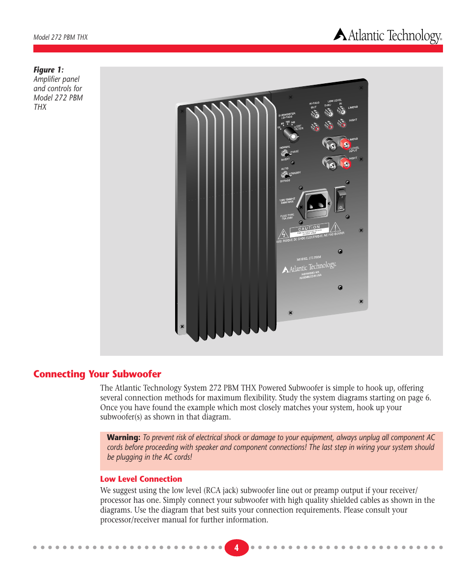 Atlantic technology, Connecting your subwoofer | Atlantic Technology 272 PBM THX User Manual | Page 4 / 12
