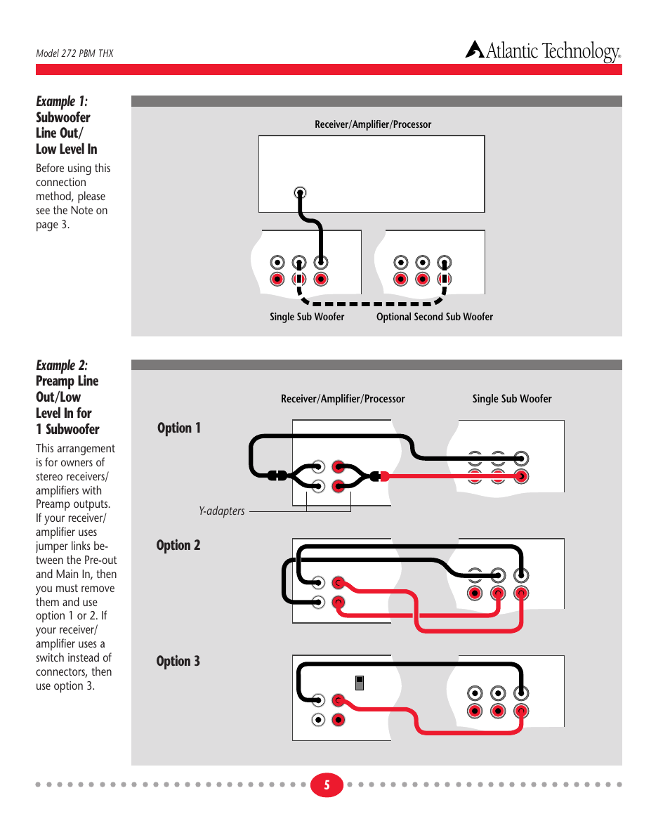 Atlantic technology, Example 1: subwoofer line out/ low level in, Option 1 option 3 option 2 | Y-adapters, Single sub woofer, Receiver/amplifier/processor, Model 272 pbm thx | Atlantic Technology 272 PBM THX User Manual | Page 5 / 12