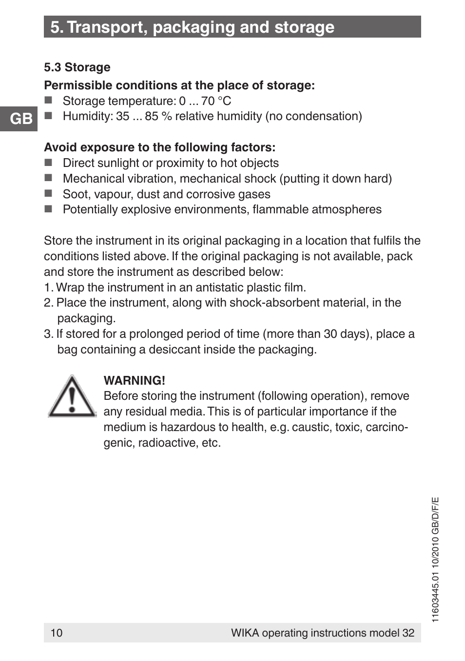 Transport, packaging and storage | WIKA 32 User Manual | Page 10 / 68