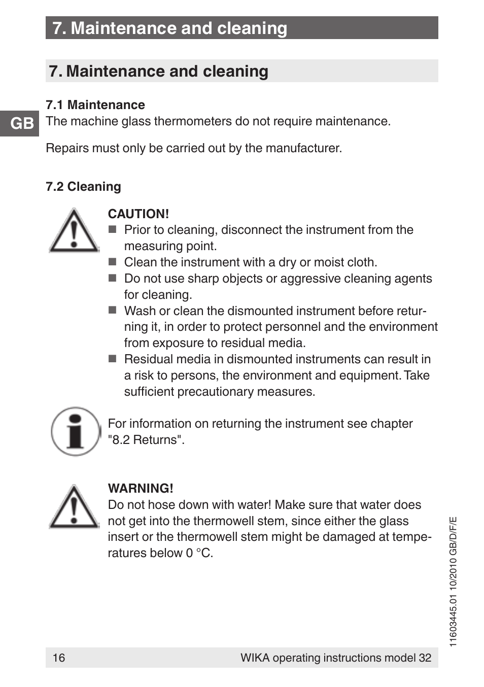 Maintenance and cleaning | WIKA 32 User Manual | Page 16 / 68