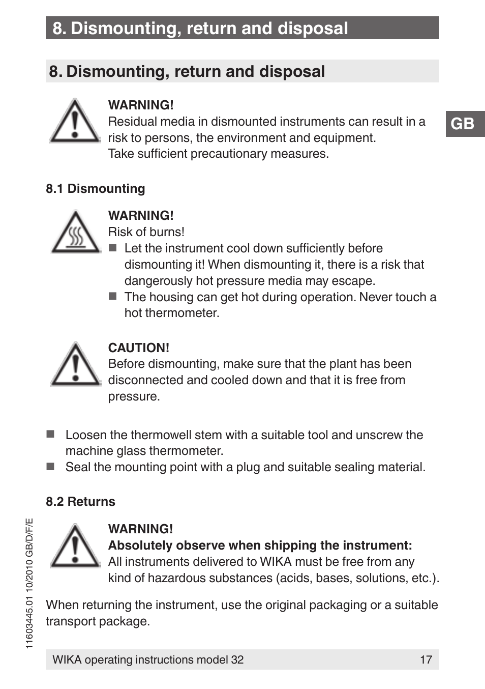 Dismounting, return and disposal | WIKA 32 User Manual | Page 17 / 68