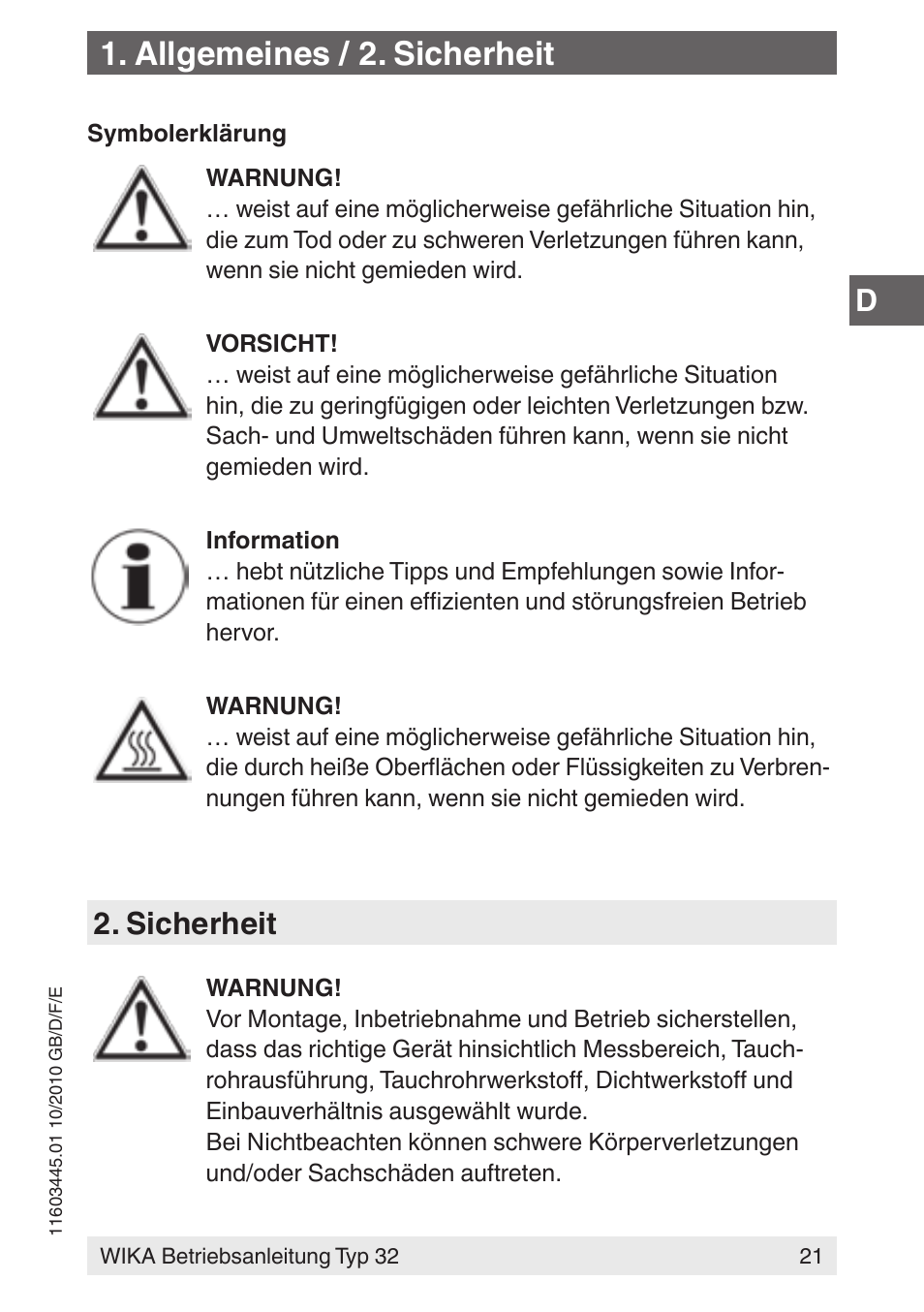 Allgemeines / 2. sicherheit, Sicherheit | WIKA 32 User Manual | Page 21 / 68