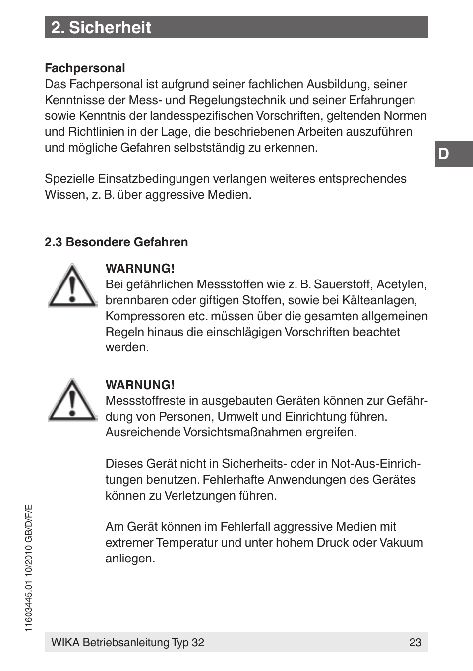 Sicherheit | WIKA 32 User Manual | Page 23 / 68