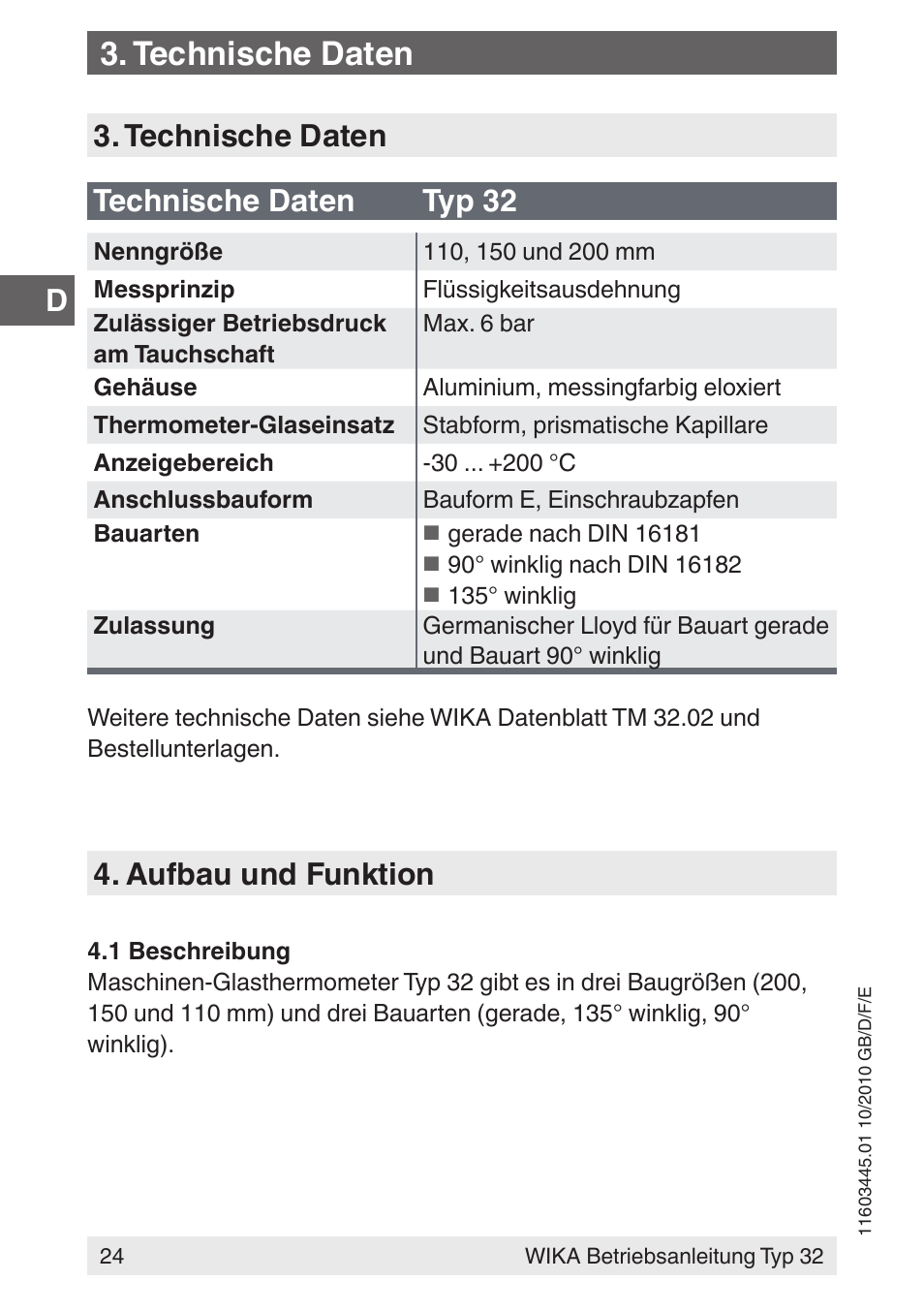 Technische daten, Technische daten technische daten typ 32, Aufbau und funktion | WIKA 32 User Manual | Page 24 / 68