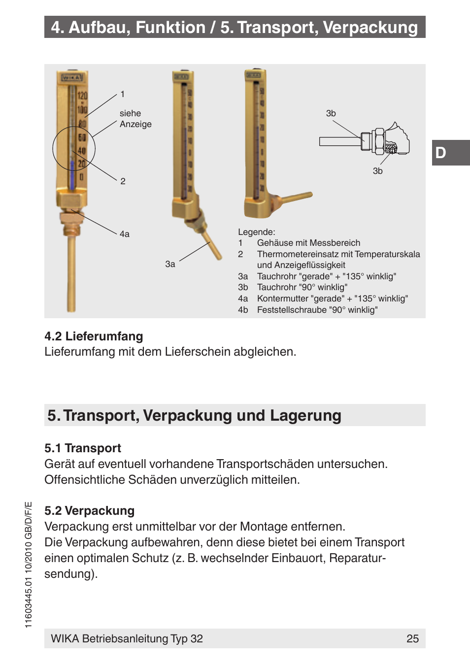 Aufbau, funktion / 5. transport, verpackung, Transport, verpackung und lagerung | WIKA 32 User Manual | Page 25 / 68