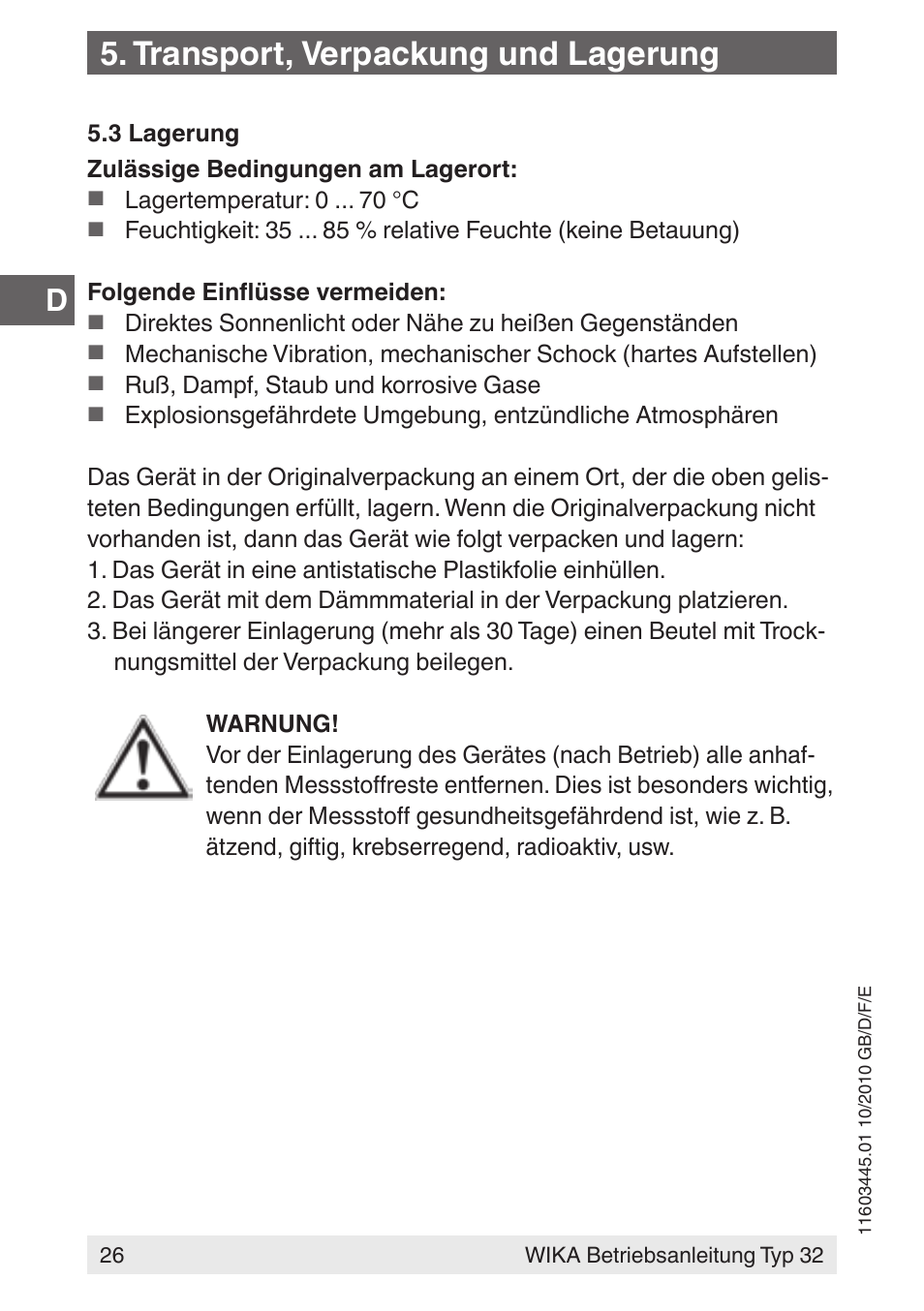 Transport, verpackung und lagerung | WIKA 32 User Manual | Page 26 / 68