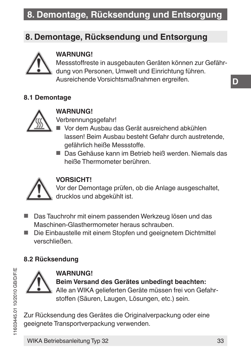 Demontage, rücksendung und entsorgung | WIKA 32 User Manual | Page 33 / 68