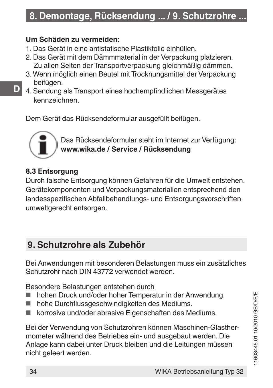 Demontage, rücksendung ... / 9. schutzrohre, Schutzrohre als zubehör | WIKA 32 User Manual | Page 34 / 68