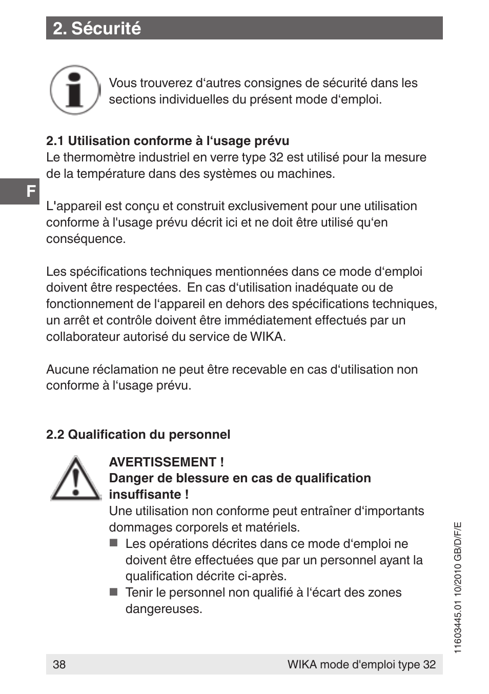 Sécurité | WIKA 32 User Manual | Page 38 / 68