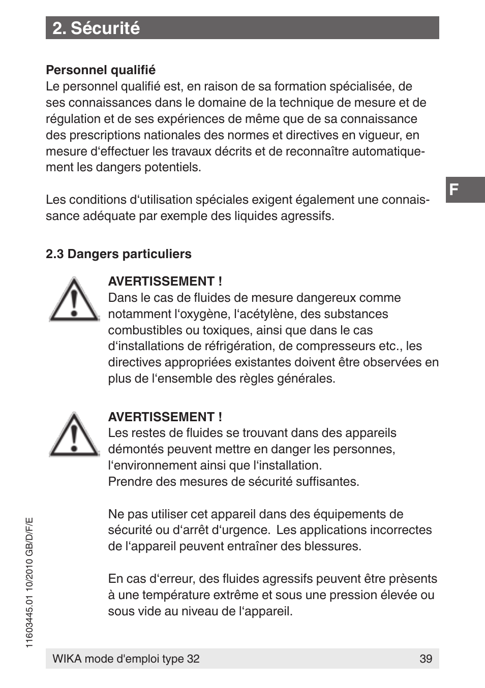 Sécurité | WIKA 32 User Manual | Page 39 / 68