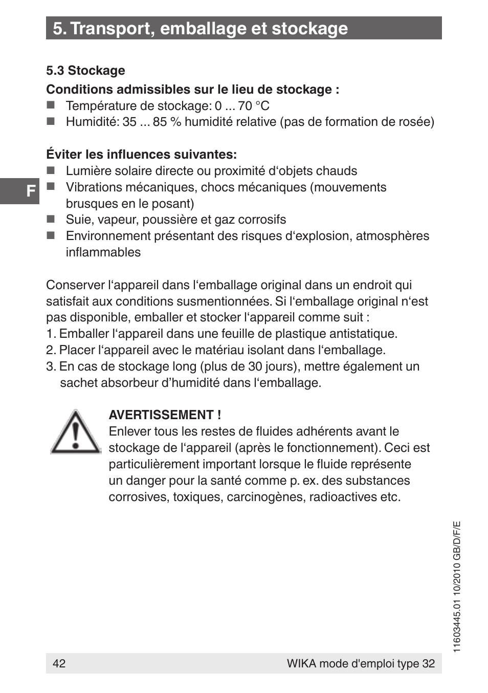 Transport, emballage et stockage | WIKA 32 User Manual | Page 42 / 68