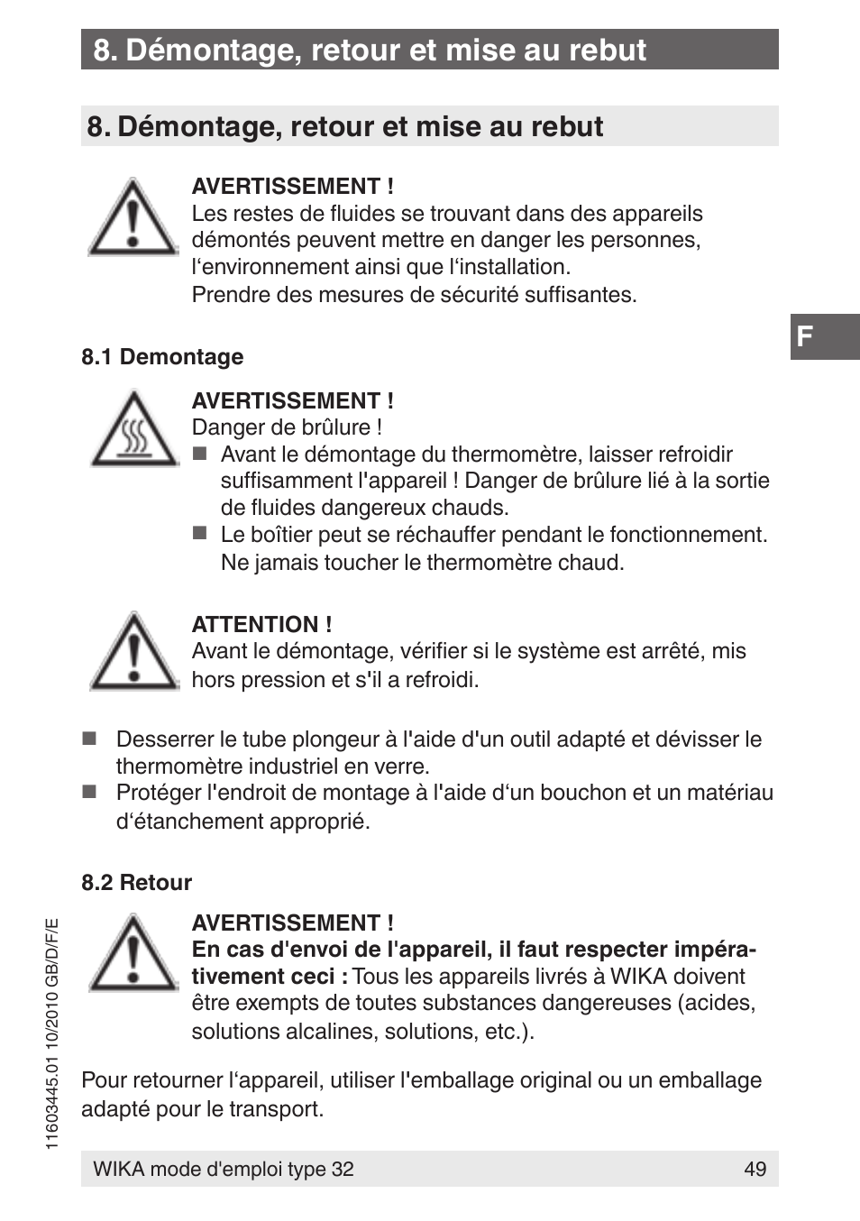 Démontage, retour et mise au rebut | WIKA 32 User Manual | Page 49 / 68