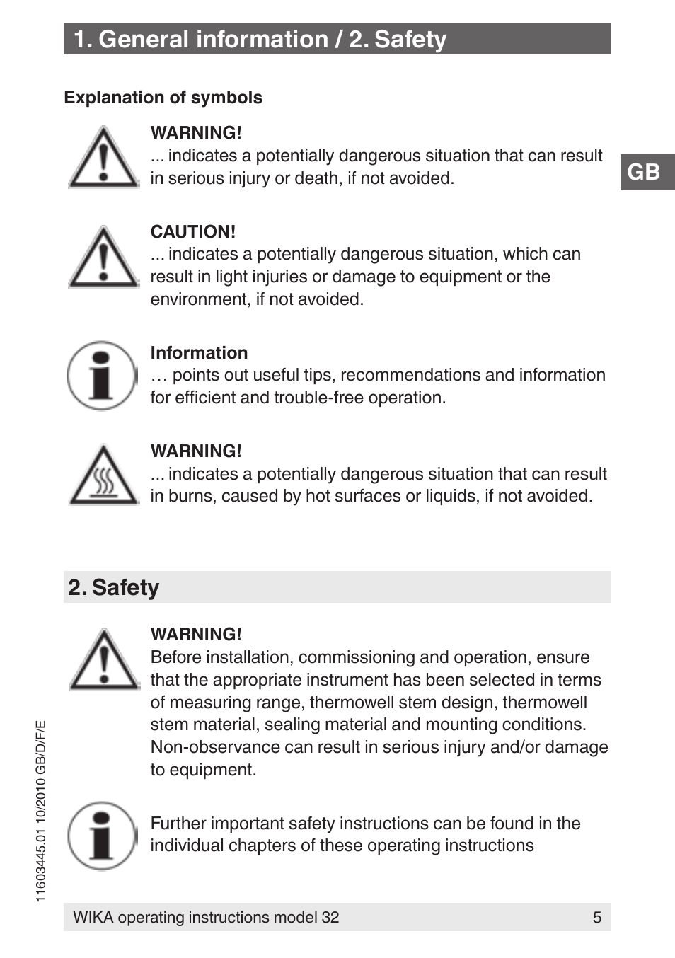 General information / 2. safety, Safety | WIKA 32 User Manual | Page 5 / 68