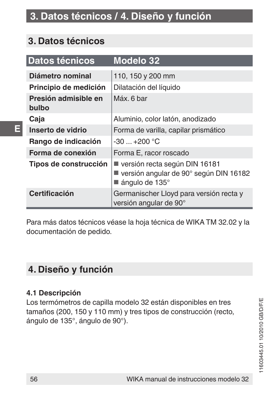 Datos técnicos / 4. diseño y función, Datos técnicos datos técnicos modelo 32, Diseño y función | WIKA 32 User Manual | Page 56 / 68