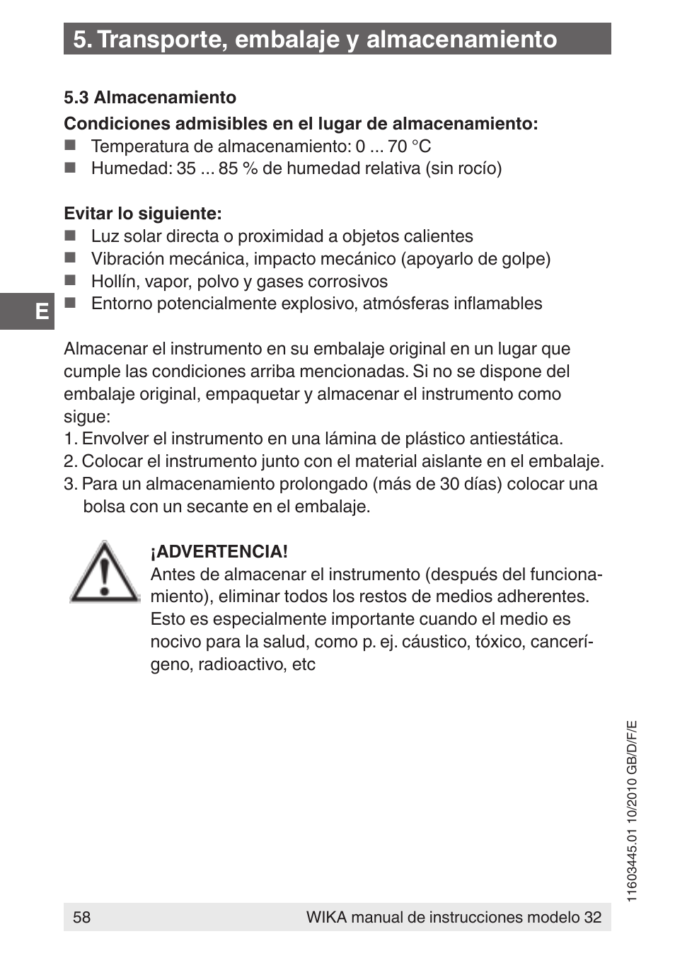 Transporte, embalaje y almacenamiento | WIKA 32 User Manual | Page 58 / 68