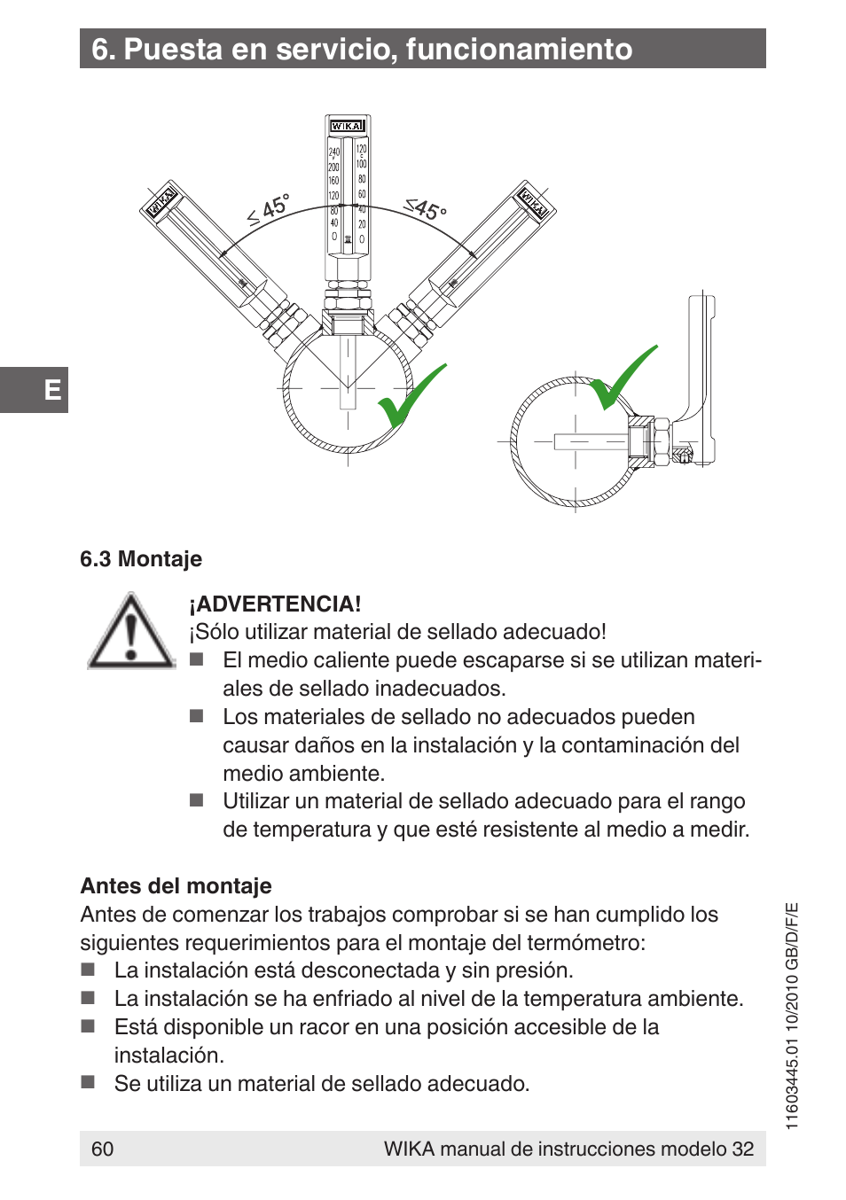 Puesta en servicio, funcionamiento | WIKA 32 User Manual | Page 60 / 68